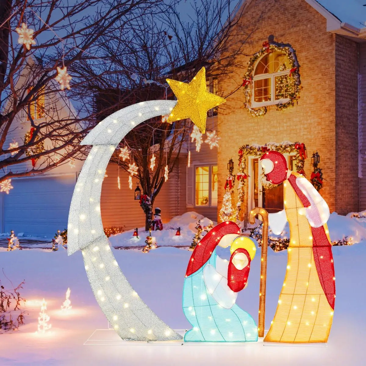Lighted Christmas Nativity Scene – 140 LED Outdoor Display | Holy Family with Star of Bethlehem