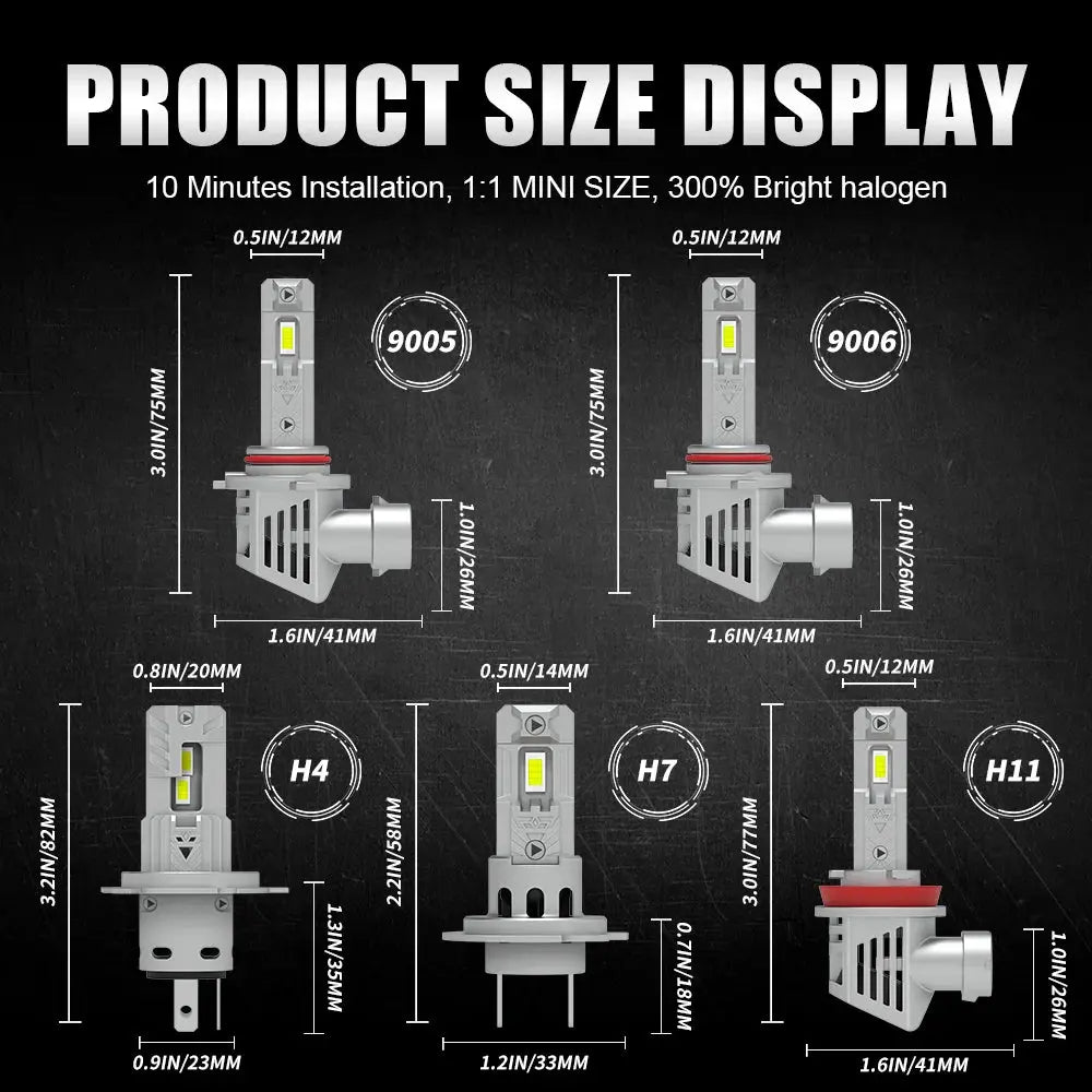 2PC LED Car Headlight Bulbs Kit β 20,000LM 80W | 6000K White | H4/H7/H11/9005/9006 | IP68 | Plug & Play