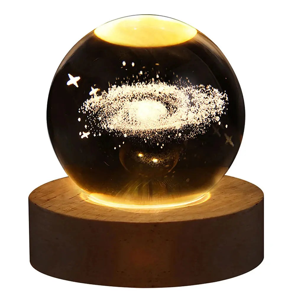 Crystal Ball Night Light – 3D Laser Engraved Galaxy Lamp with Wooden Base | USB Powered Gift