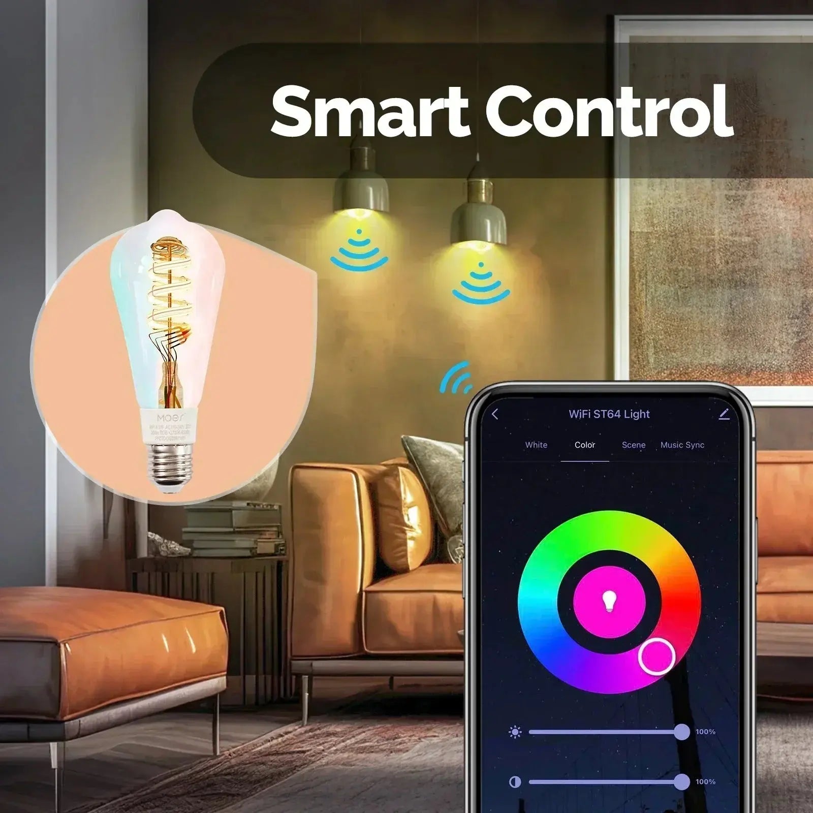 MOES Tuya WiFi Smart ST64 Edison Bulb – E27 | RGB + 2700K–6500K | Dimmable | Alexa & Google Compatible