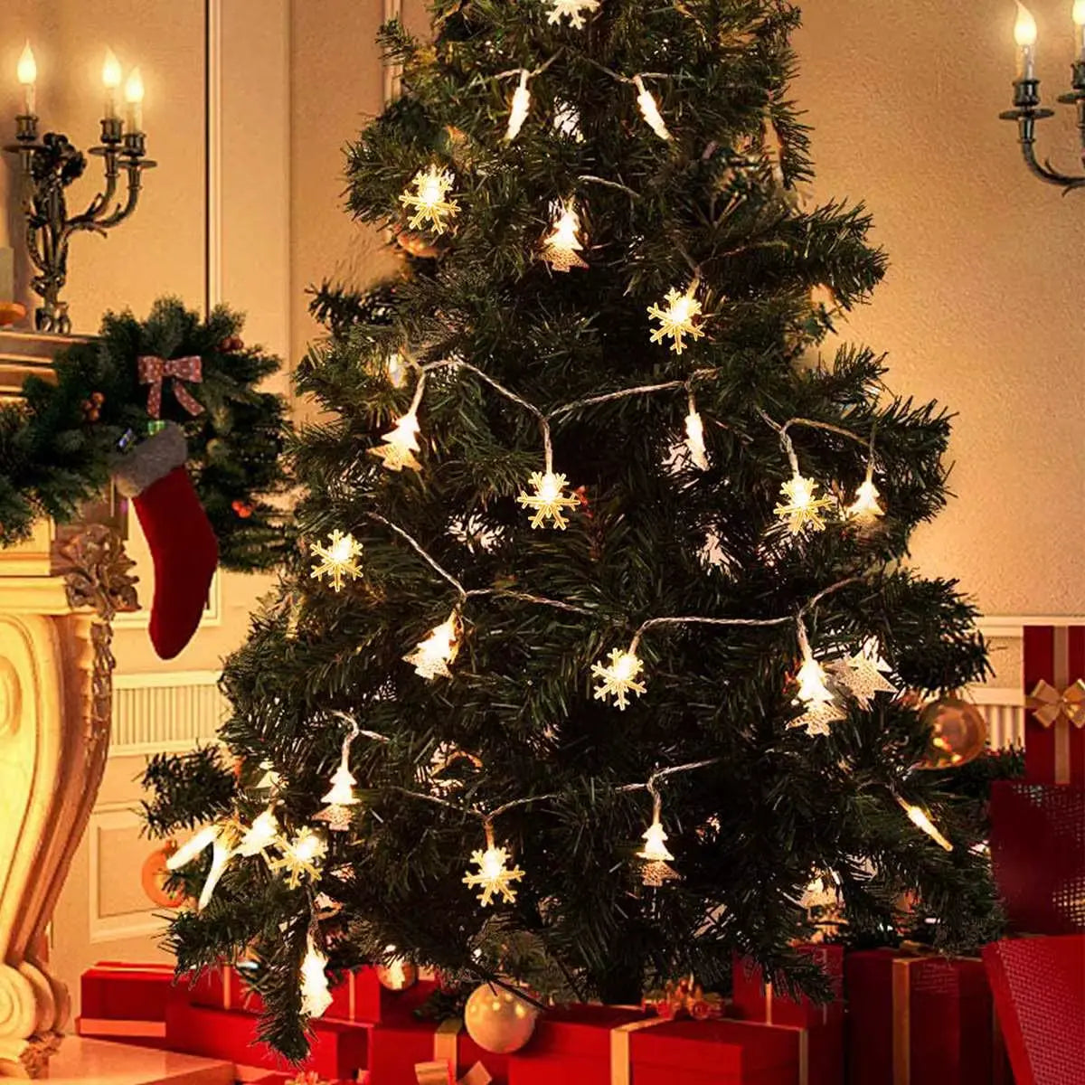 Snowflake LED String Lights – Battery Powered Christmas Tree & Holiday Decoration | Warm White or Cool White