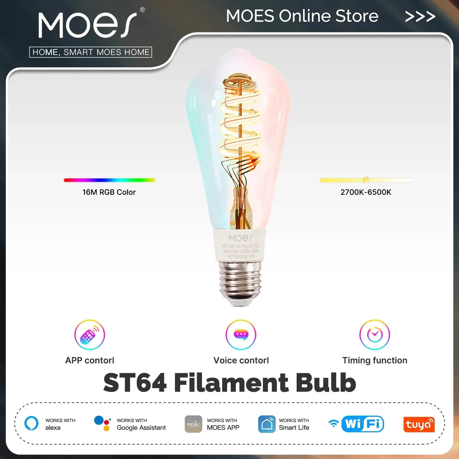 MOES Tuya WiFi Smart ST64 Edison Bulb – E27 | RGB + 2700K–6500K | Dimmable | Alexa & Google Compatible
