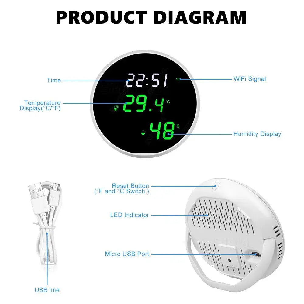 Tuya WiFi + Bluetooth Temperature & Humidity Sensor – Smart LED Hygrometer | Alexa & Google Compatible