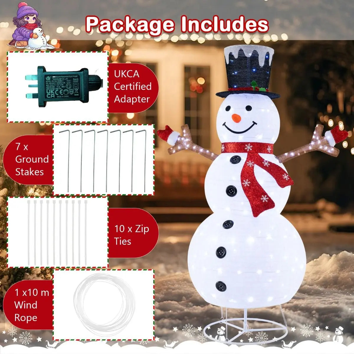 6ft Pre-Lit Snowman – 180 LED Outdoor Christmas Decoration | Pop-Up Design with Stakes & Rope