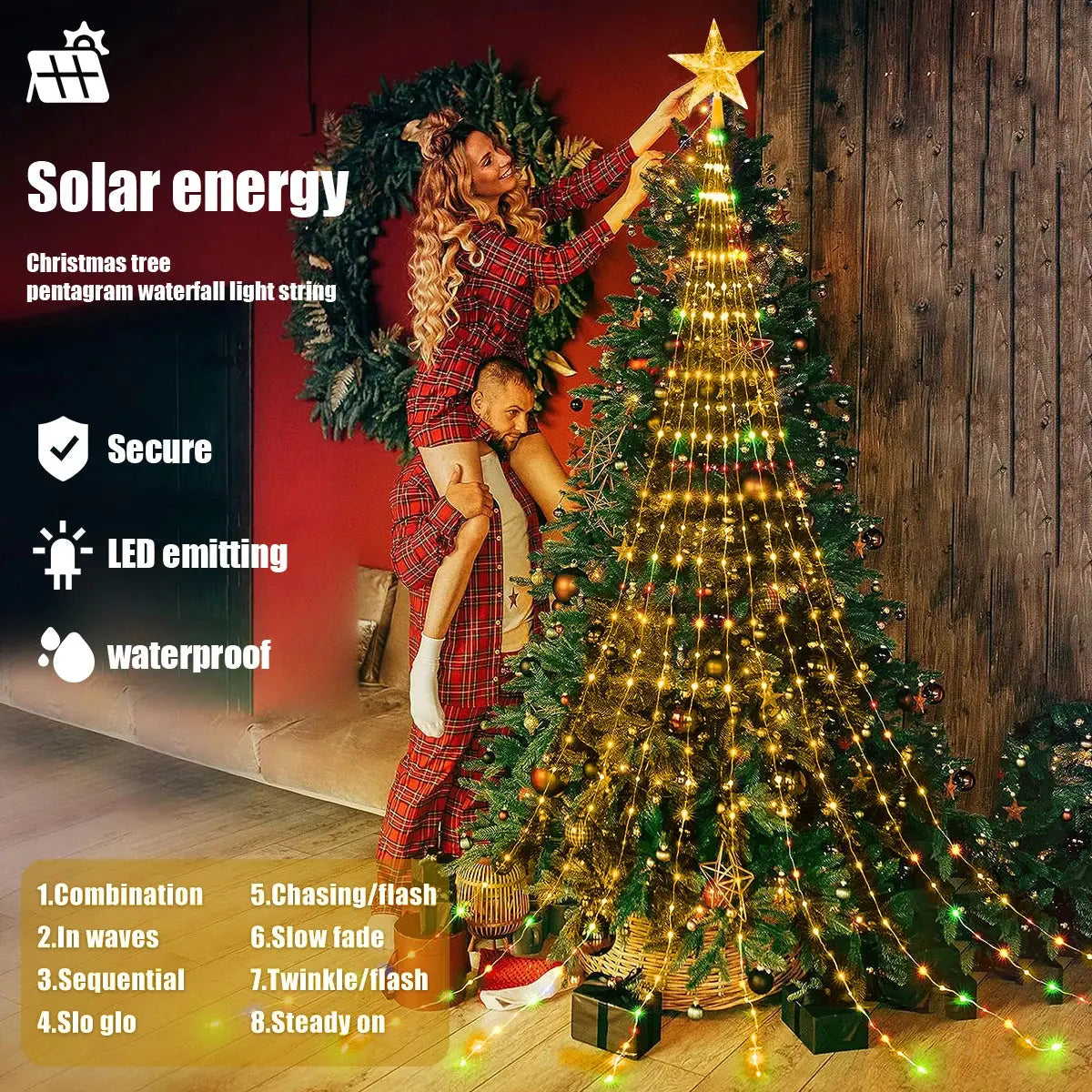 Christmas Tree Star Light with Waterfall LED Strings – USB Powered | 8 Modes, Waterproof Indoor & Outdoor Decoration