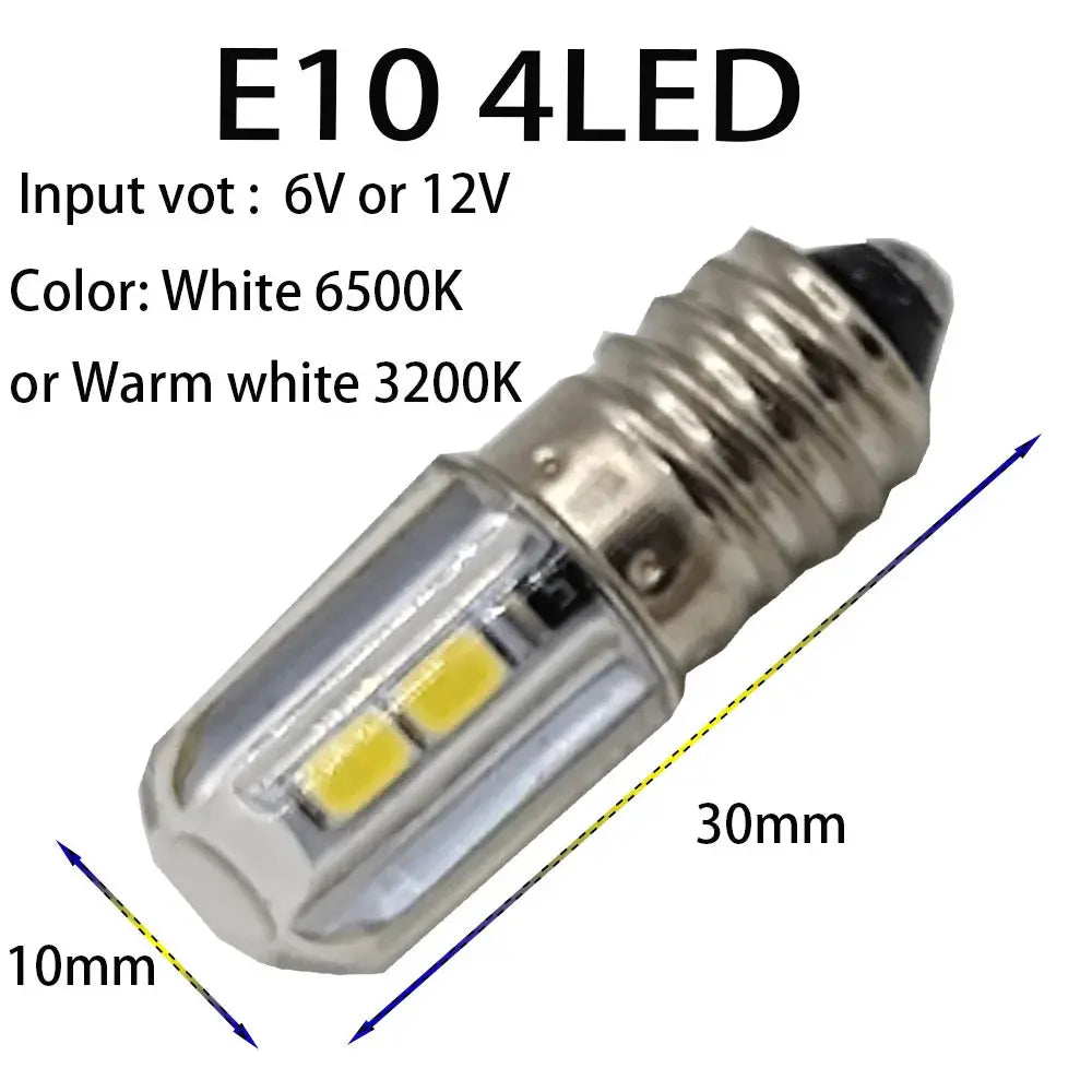 2pcs E10 LED Bulb – 6V / 12V Flashlight & Work Light | White & Warm White