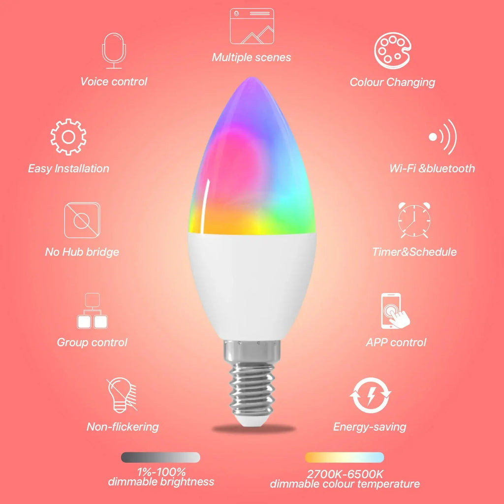 2Pcs Smart Light Bulb C37 Candle Bulbs 220V 5W Work with Echo Alexa Google Home RGBCW Wifi Bluetooth Colour Changing LED Light