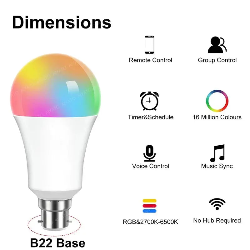 B22 Base UK TUYA Wifi Smart Bulb Bluetooth Lamps Led RGB Smart Light 220V Alexa Google Assisatnt Voice Control Timing APP Group