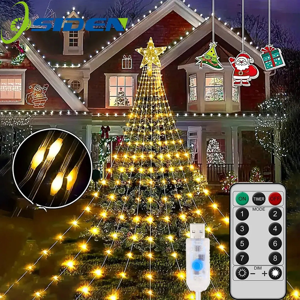 Christmas Tree Star Light with Waterfall LED Strings – USB Powered | 8 Modes, Waterproof Indoor & Outdoor Decoration